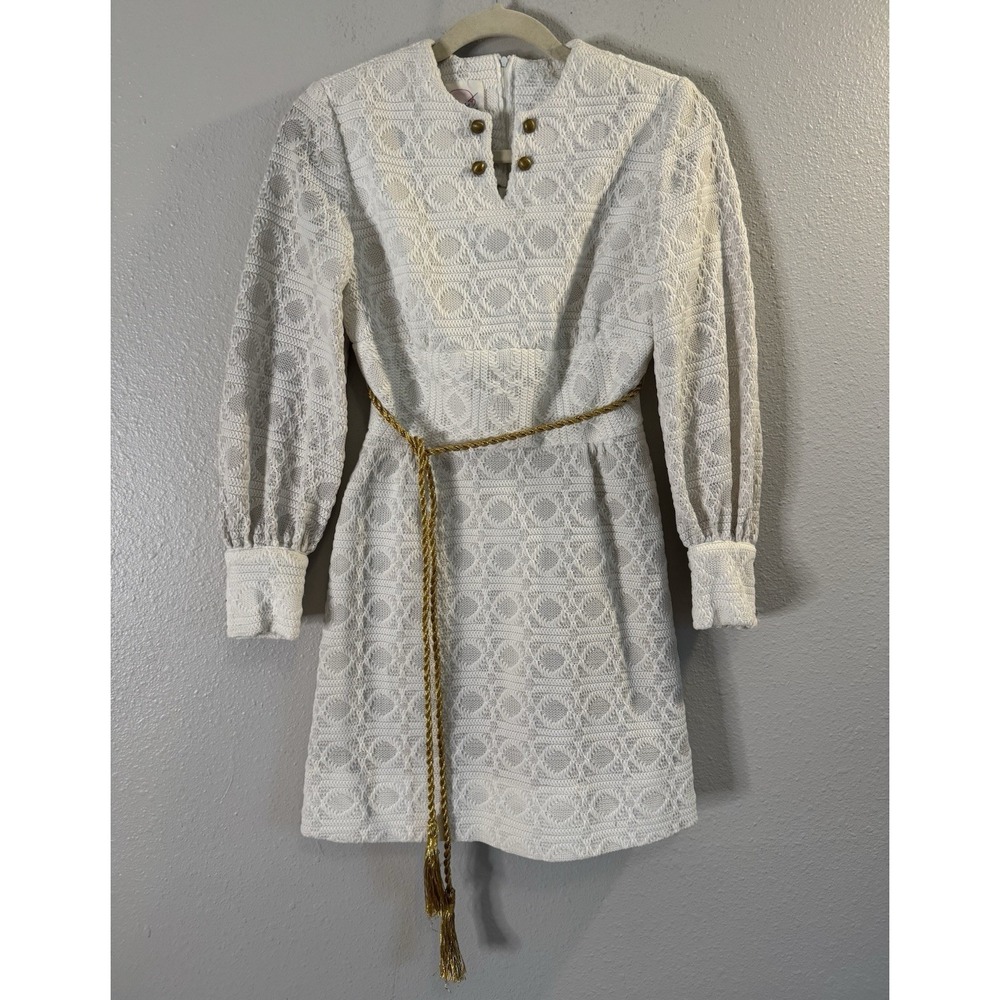 Vintage 60s-70s White Crochet Lace Mini Dress Gold Belt Mod Boho S